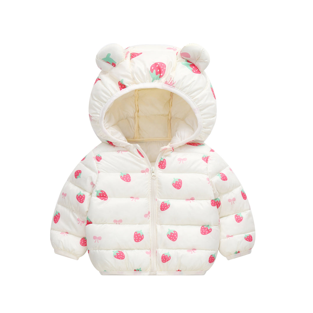 Campera de pluma crema con estampas de frutilla y capucha con orejas
