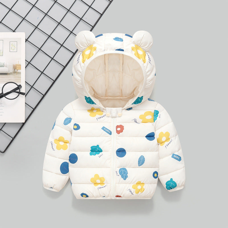 Campera de pluma blanca con estampas y capucha con orejas