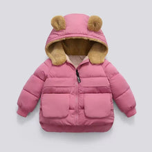Carregar imagem no visualizador da galeria, Campera de pluma con capucha peluda y orejas
