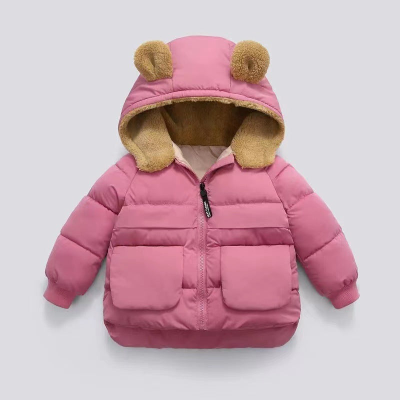 Campera de pluma con capucha peluda y orejas