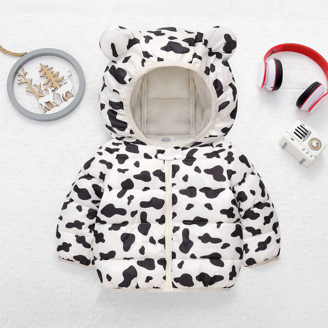 Campera de pluma blanca estilo vaca con capucha y orejas