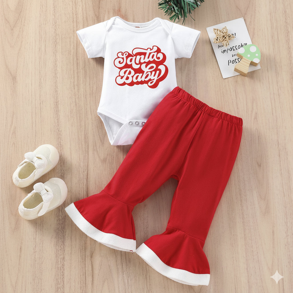 Body blanco con  letras de navidad, pantalón pata ancha rojo (No incluye vincha)