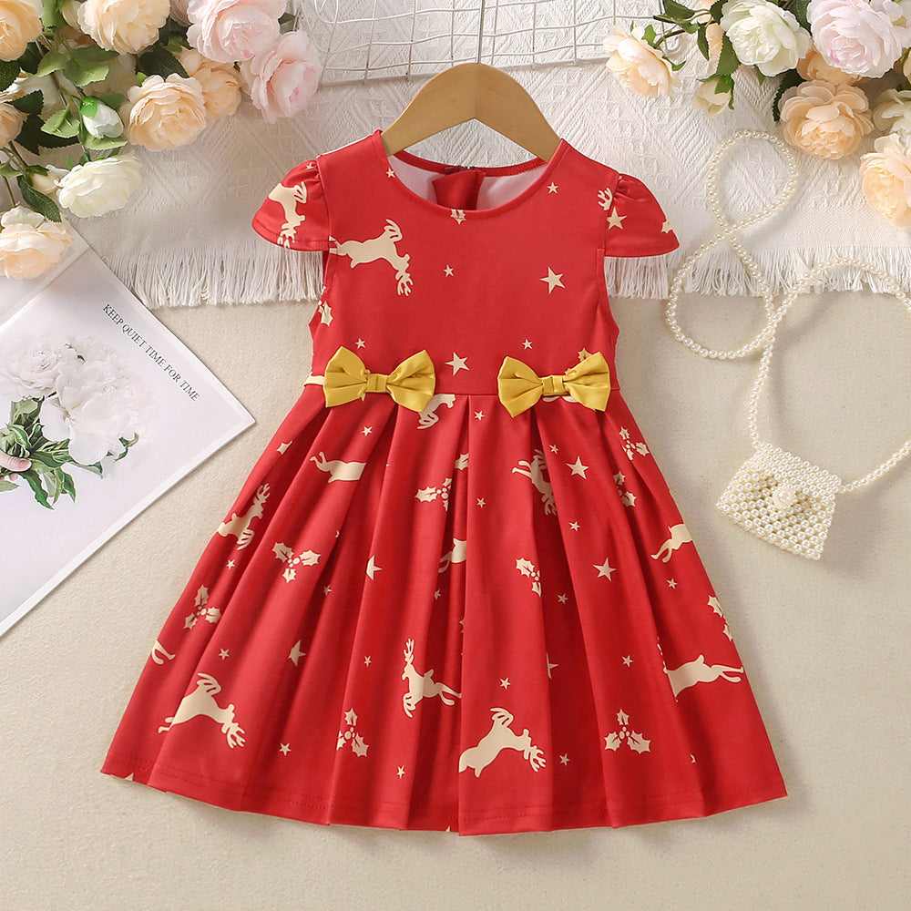 Vestido rojo con estampas de renos y moños