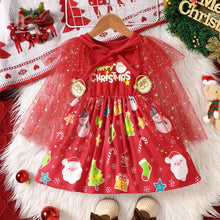 Cargar imagen en el visor de la galería, Vestido rojo con estampas navideñas y capas de tul con brillo
