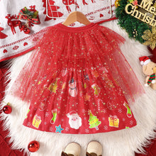 Cargar imagen en el visor de la galería, Vestido rojo con estampas navideñas y capas de tul con brillo
