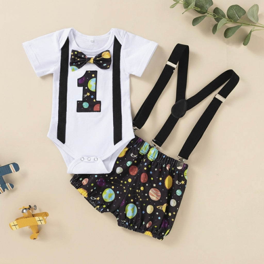 Body blanco con short negro de universo y tirante