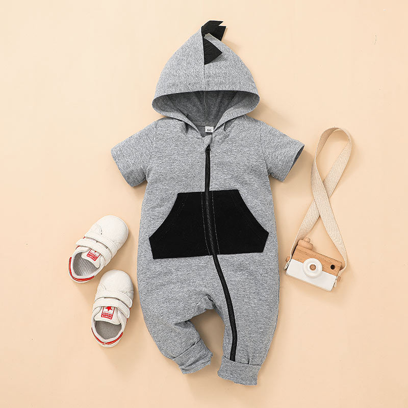 Body enterizo gris de dino con bolsillo y capucha