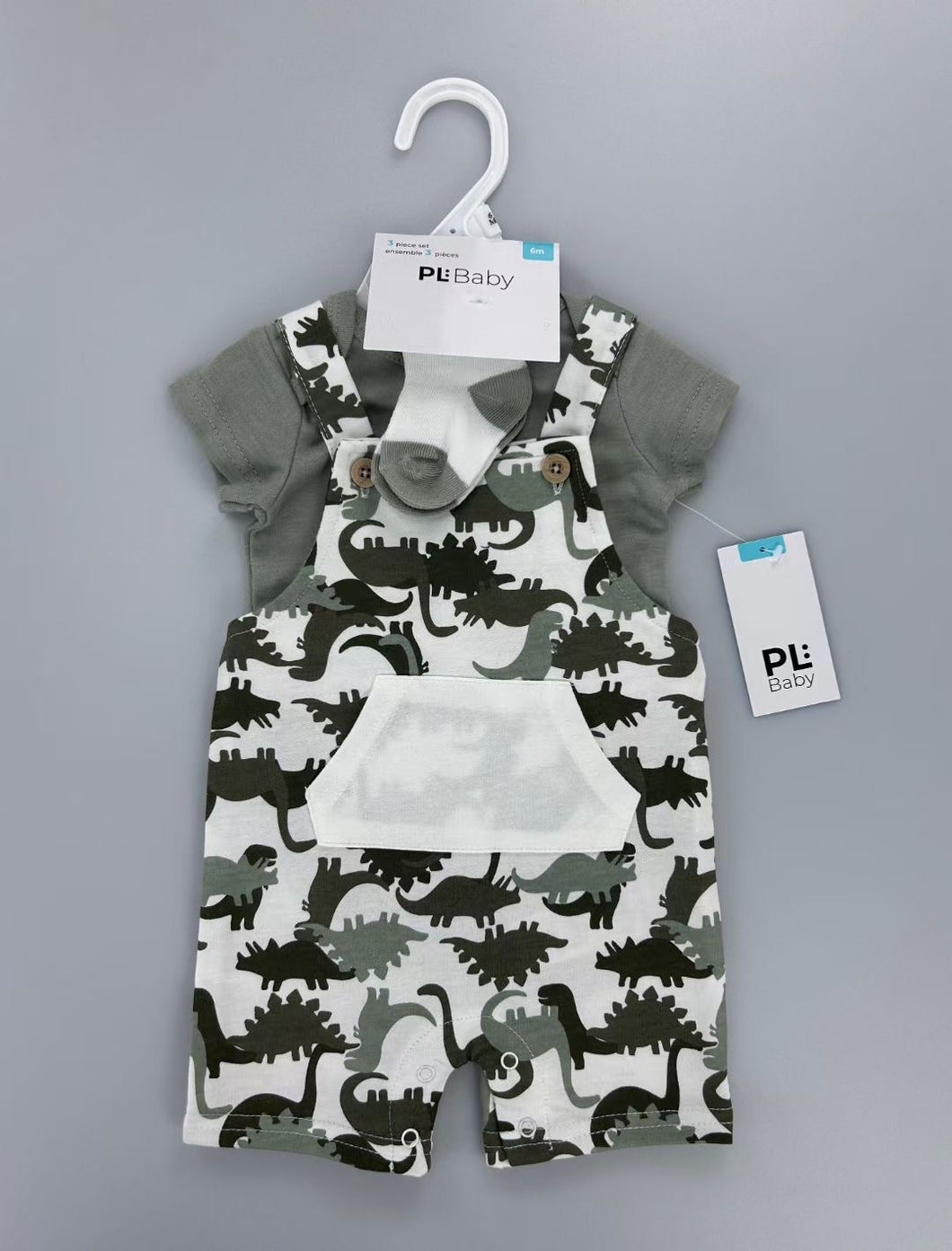 Body verde musgo con jardinera estampado de dino con media incluido
