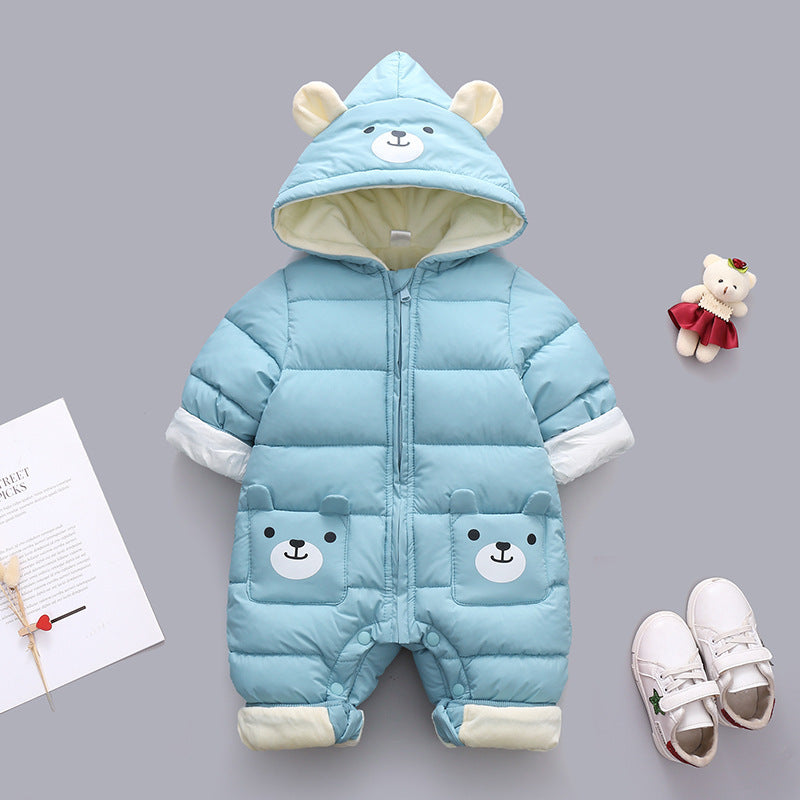 Body enterizo polar celeste con detalle de oso animal, capucha y orejas