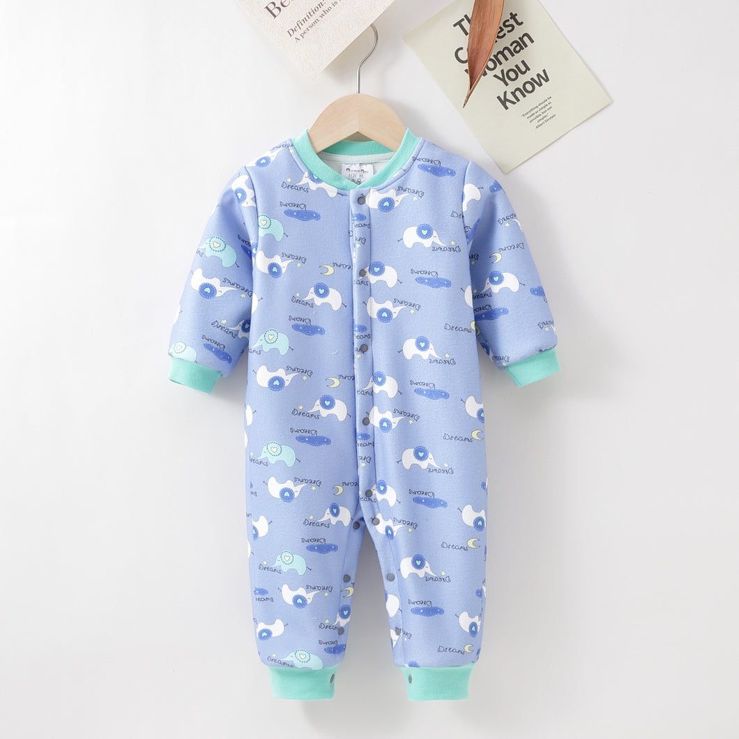 Body enterizo celeste con forro polar  y estampas  de elefantes