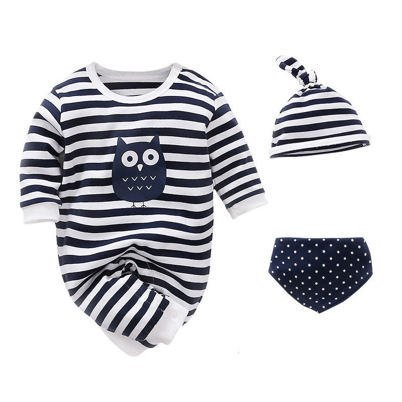 Body enterizo blanco con rayas azul, diseño de búho con gorra y babero