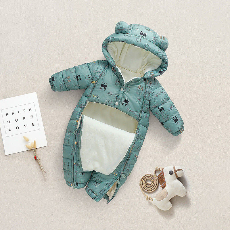 Body enterizo polar verde con estampas de animales y capucha con orejas