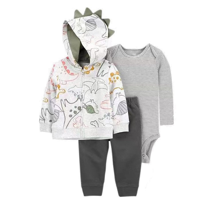 Body blanco a rayas negro, campera de dino y pantalón gris oscuro