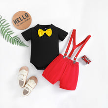 Carregar imagem no visualizador da galeria, Body negro con moño y short con tirante rojo estilo Mickey

