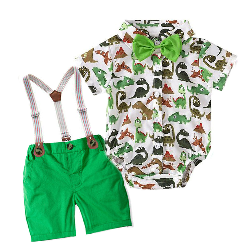 Body camisa estampado de dino con short y moño verde