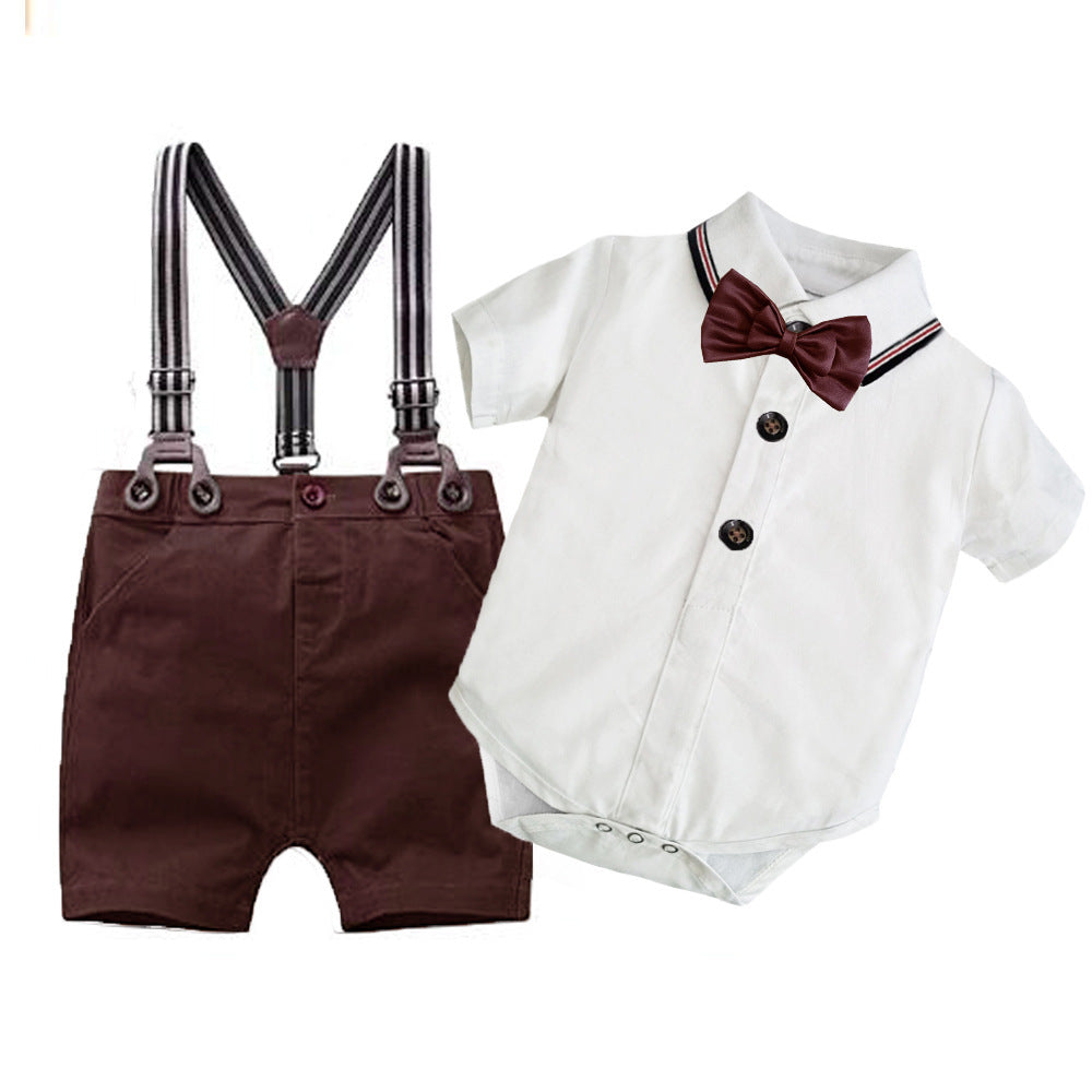 Body camisa blanca con moño y short con tirante marrón
