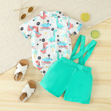 Cargar imagen en el visor de la galería, Body blanco con estampas de dino, short con tirante y moño verde agua
