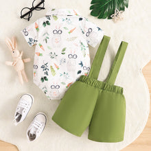 Carregar imagem no visualizador da galeria, Body blanco con estampas de conejo, short con tirante y moño verde
