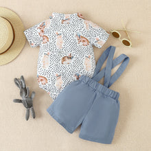 Carregar imagem no visualizador da galeria, Body blanco con estampas de conejos, short con tirante y moño gris

