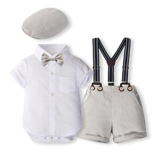 Carregar imagem no visualizador da galeria, Body camisa blanco con moño, short gris, boina y tirante
