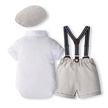 Carregar imagem no visualizador da galeria, Body camisa blanco con moño, short gris, boina y tirante
