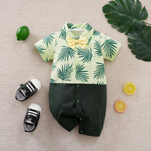 Carregar imagem no visualizador da galeria, Body enterizo amarillo con verde con estampas de hojas y moño
