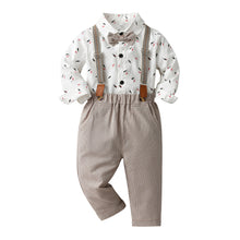 Cargar imagen en el visor de la galería, Body camisa blanca de plumas, moño y pantalón crema tipo corderoy con tirante
