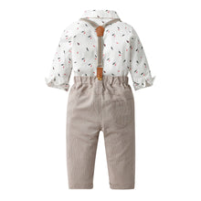 Cargar imagen en el visor de la galería, Body camisa blanca de plumas, moño y pantalón crema tipo corderoy con tirante
