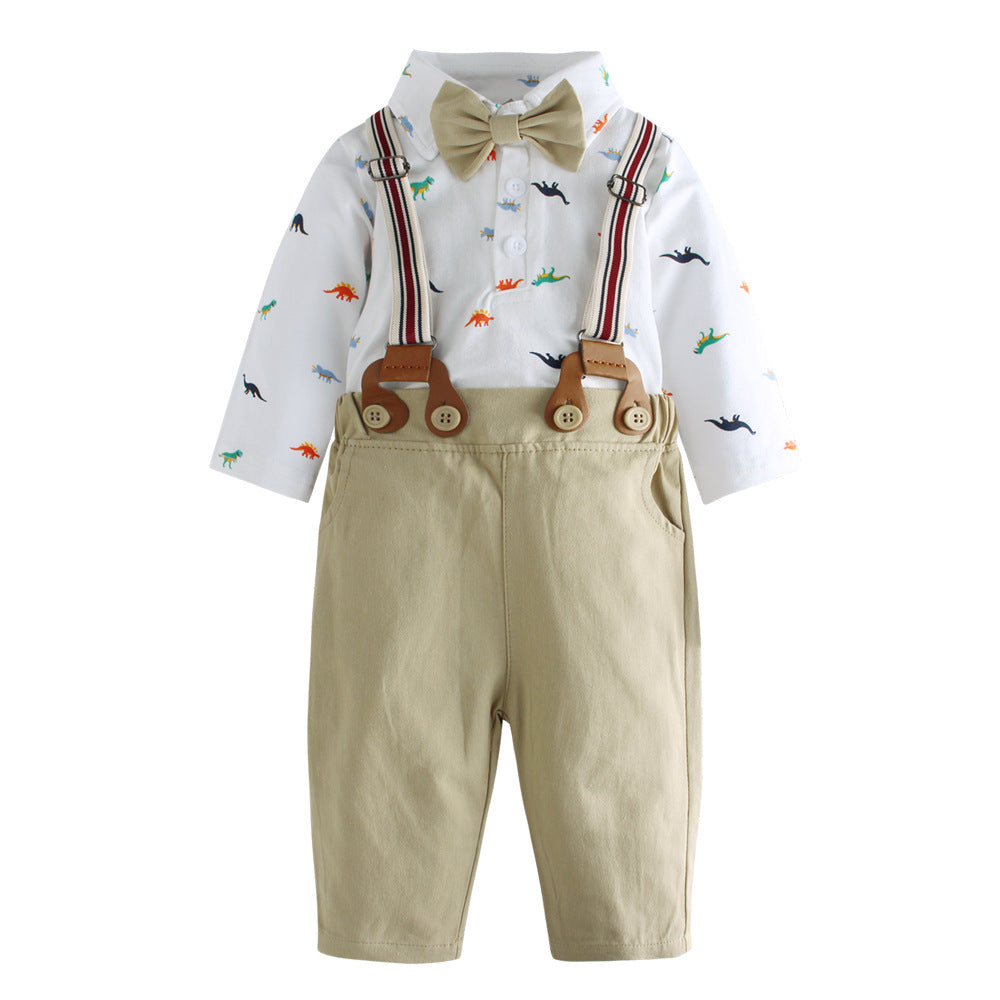 Body camisa blanca de dino con moño,pantalón beige y tirante