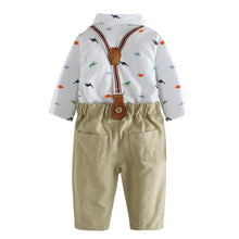 Carregar imagem no visualizador da galeria, Body camisa blanca de dino con moño,pantalón beige y tirante
