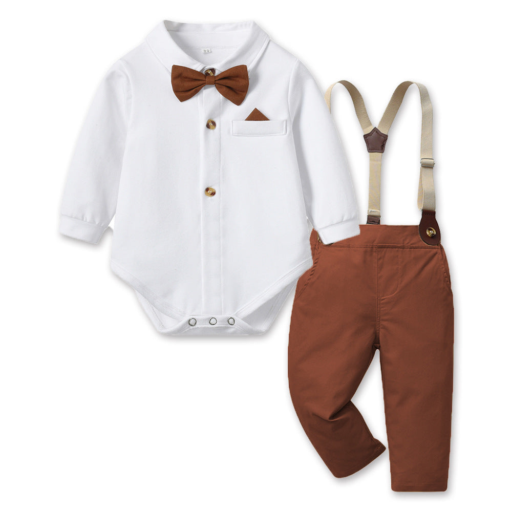 Body camisa blanca con moño y pantalón marrón con tirante