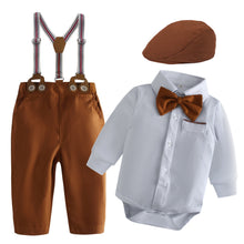 Cargar imagen en el visor de la galería, Body camisa blanca con moño, boina y pantalón marrón con tirante
