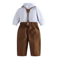 Cargar imagen en el visor de la galería, Body camisa blanca con moño, boina y pantalón marrón con tirante
