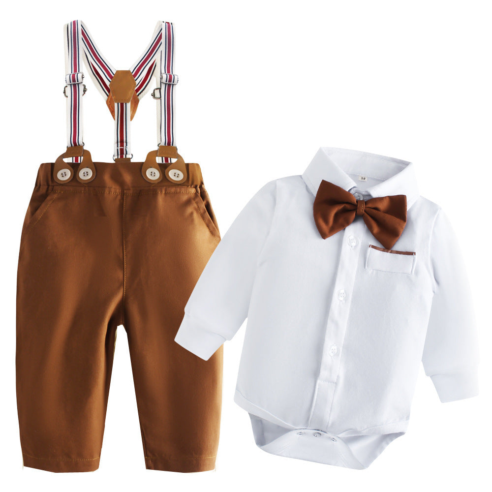 Body camisa blanca con moño y pantalón con tirante marrón