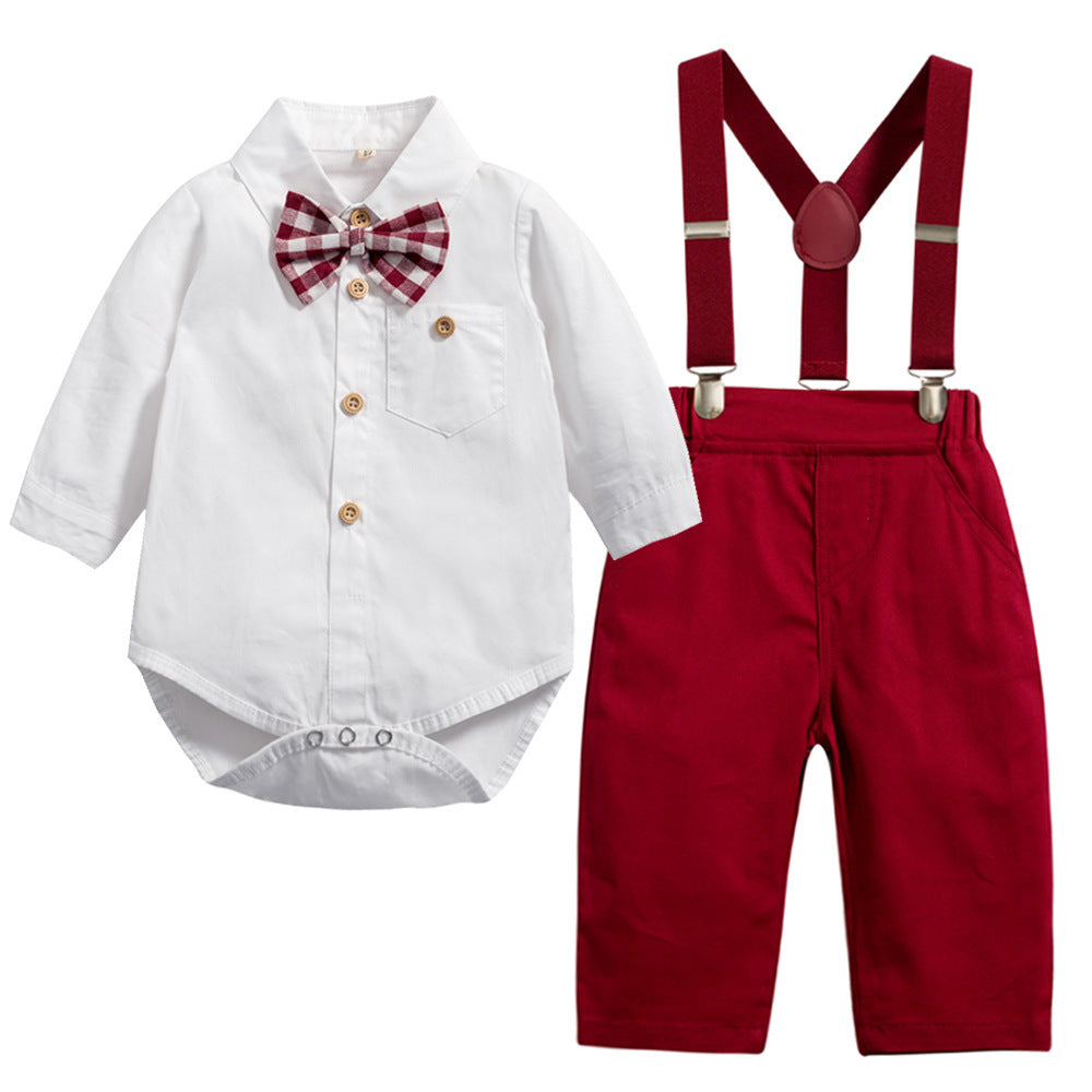 Body camisa blanca con moño y pantalón bordo con tirante