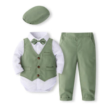 Carregar imagem no visualizador da galeria, Body camisa blanca con chaleco, moño, boina y pantalón verde
