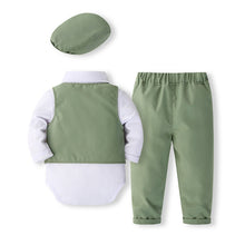 Carregar imagem no visualizador da galeria, Body camisa blanca con chaleco, moño, boina y pantalón verde
