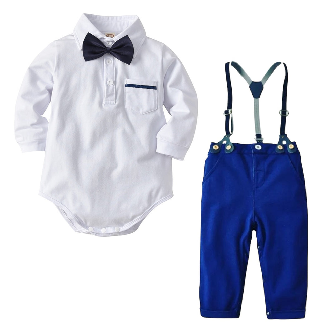 Body camisa blanca con moño y pantalón azul francia con tirante