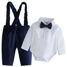 Carregar imagem no visualizador da galeria, Body camisa blanca con moño y pantalón azul marino con tirante
