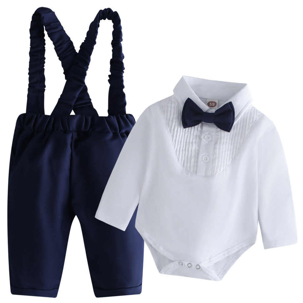 Body camisa blanca con moño y pantalón azul marino con tirante
