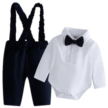 Carregar imagem no visualizador da galeria, Body camisa blanca con moño y pantalón azul marino con tirante
