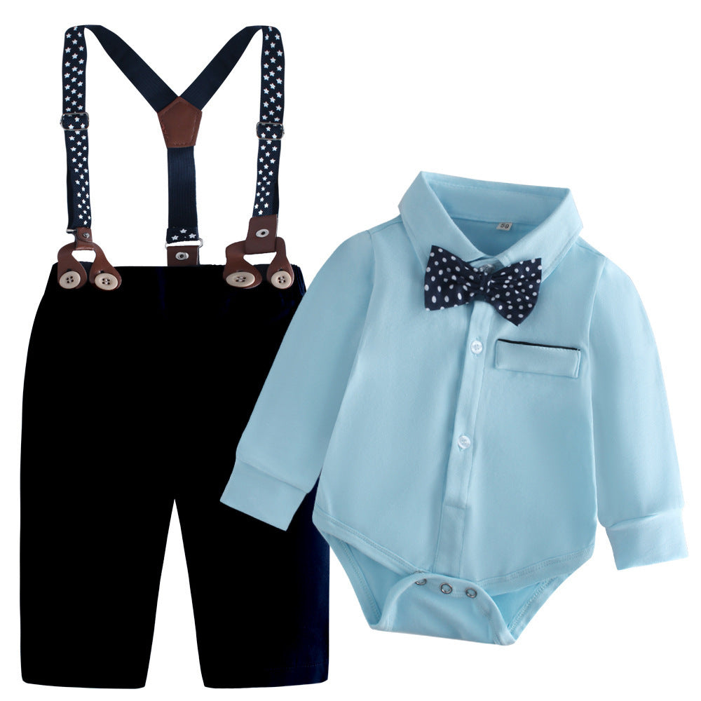 Body camisa celeste con moño y pantalón negro con tirante