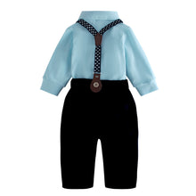 Carregar imagem no visualizador da galeria, Body camisa celeste con moño y pantalón negro con tirante
