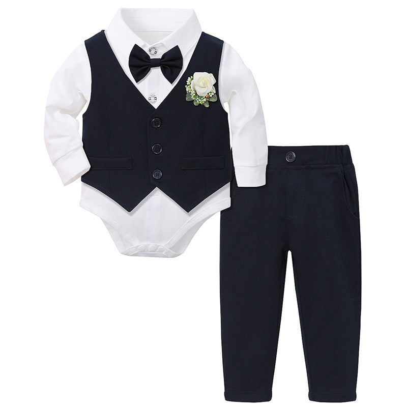Body camisa blanco con moño, chaleco con flor y pantalón azul marino