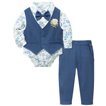 Carregar imagem no visualizador da galeria, Body camisa blanca con estampas de hojas, moño con chaleco y pantalón azul
