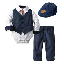 Carregar imagem no visualizador da galeria, Body camisa blanco con corbata, chaleco, pantalón y boina azul marino
