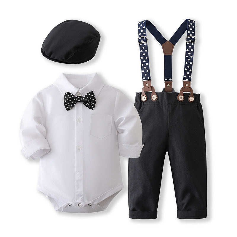 Body camisa blanco con moño, pantalón con tirante y boina negro