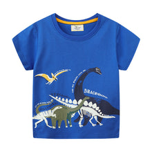 Carregar imagem no visualizador da galeria, Remera azul con estampas de dino fosforescente
