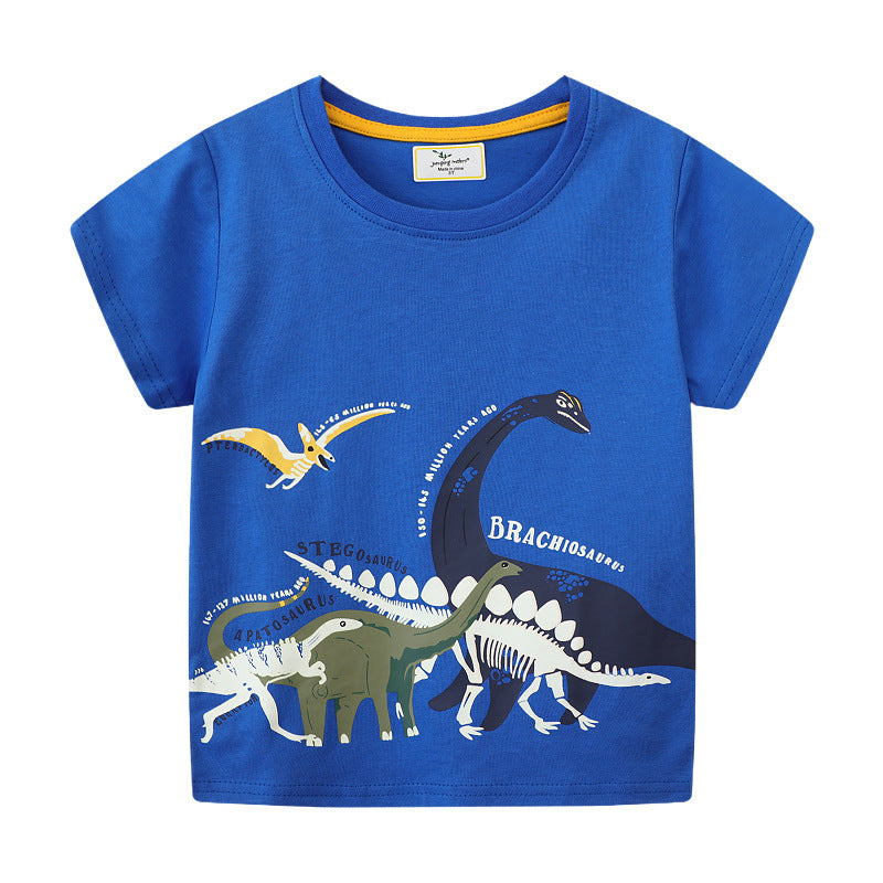 Remera azul con estampas de dino fosforescente