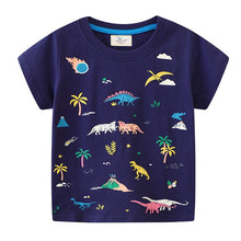 Carregar imagem no visualizador da galeria, Remera azul marino con estampas de dino fosforescente
